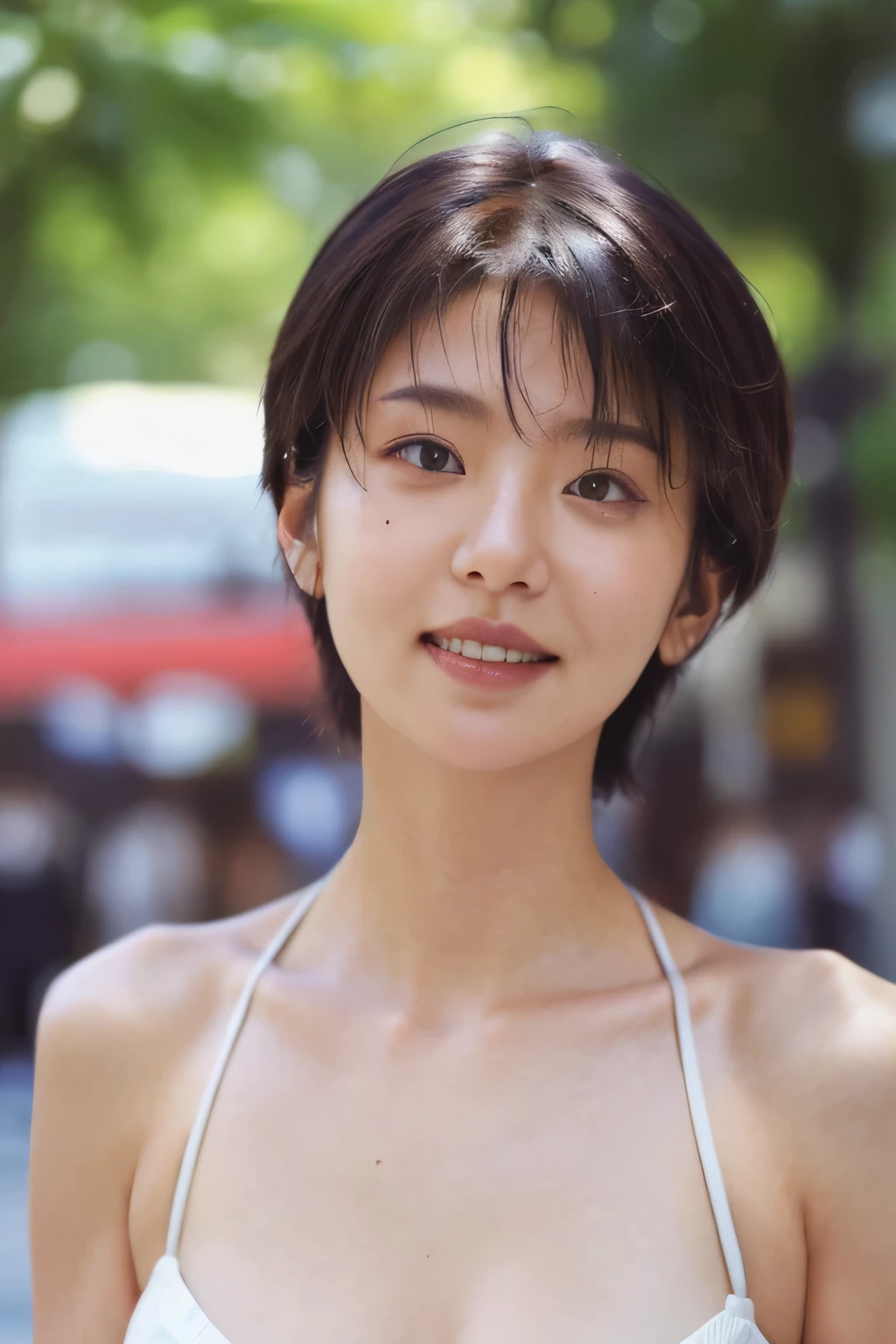 NSFW:1.5,((highest quality、8k resolution、Master Masterpiece、Portraiture:1.3)), Photorealistic, 35mm Film, 1 Japanese female, Upper Body、On the street during the day, Wrinkles around the eyes、Pixie Cut_boyish,Voluptuous body、Cleavage、smile,((bikini:1.3)) , (Outdoor:city street 1.3), Jumbled background,Look at the audience,Tokyo cityscape:1.3,Shut your mouth.