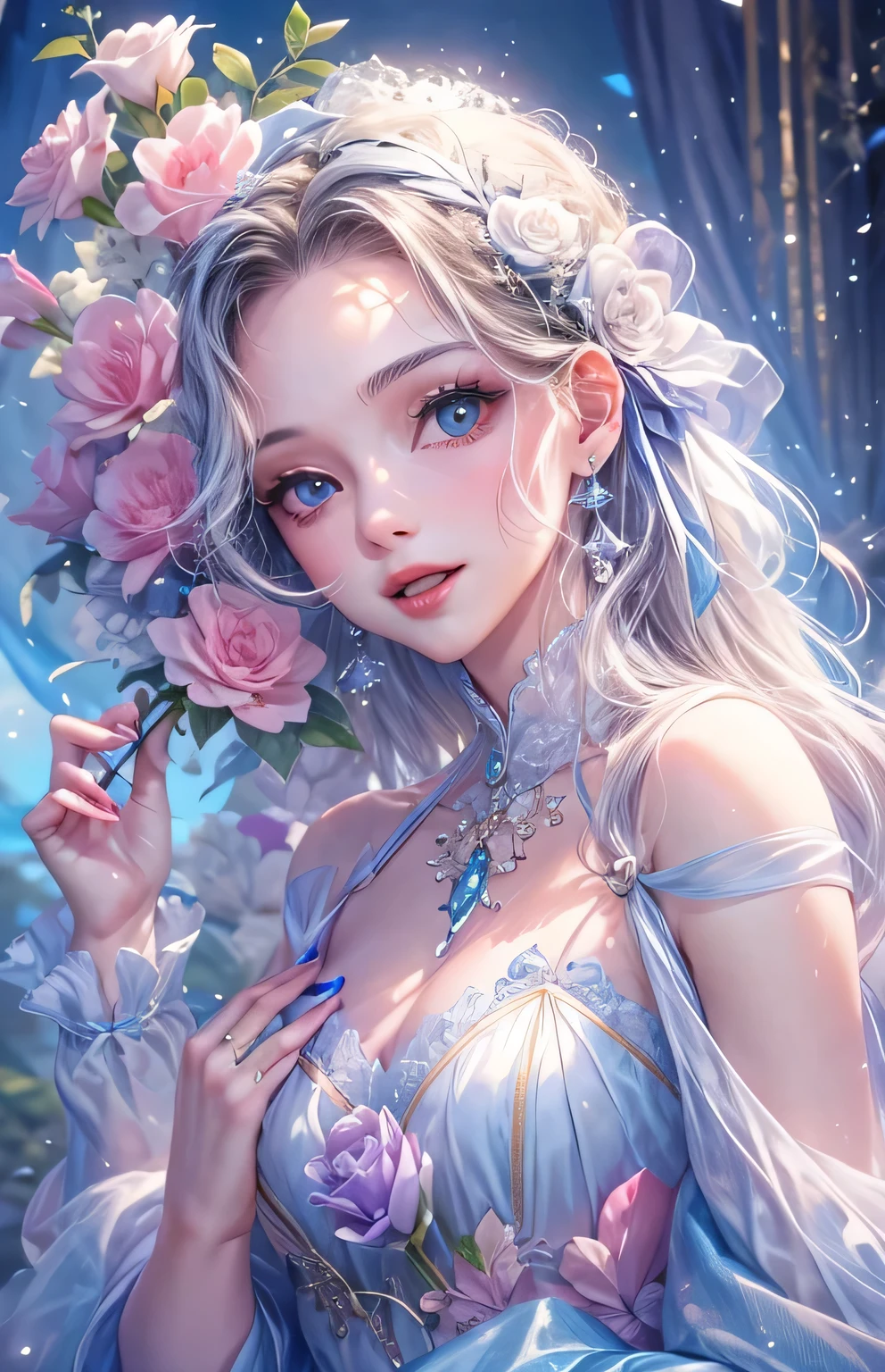 ((highest quality)), ((masterpiece)), (Get used to it), Perfect Face , beautiful girl , Princess , blue , bouquet ,
