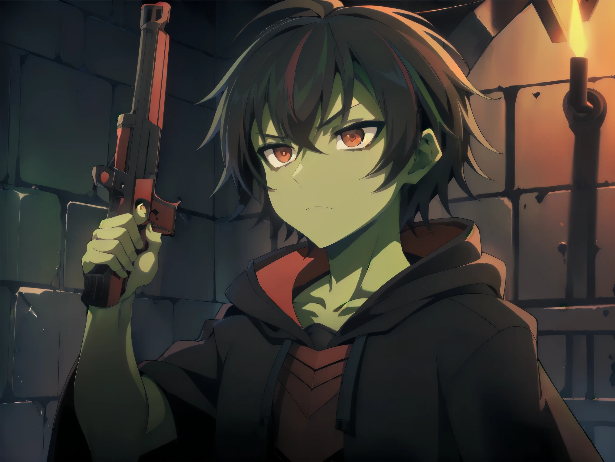 ((((Green skin toon)))), (((1Boy))), ((((short black hair)))), (((red ligth eyes))), ((Wearing a black cloak with a hood)), ((((Holding a shotgun in one hand)))), (((Inside a dungeon))), ((best quality)), (detailed), ((style novel)), beautiful cores, ((anime_Colores)), (Solo)