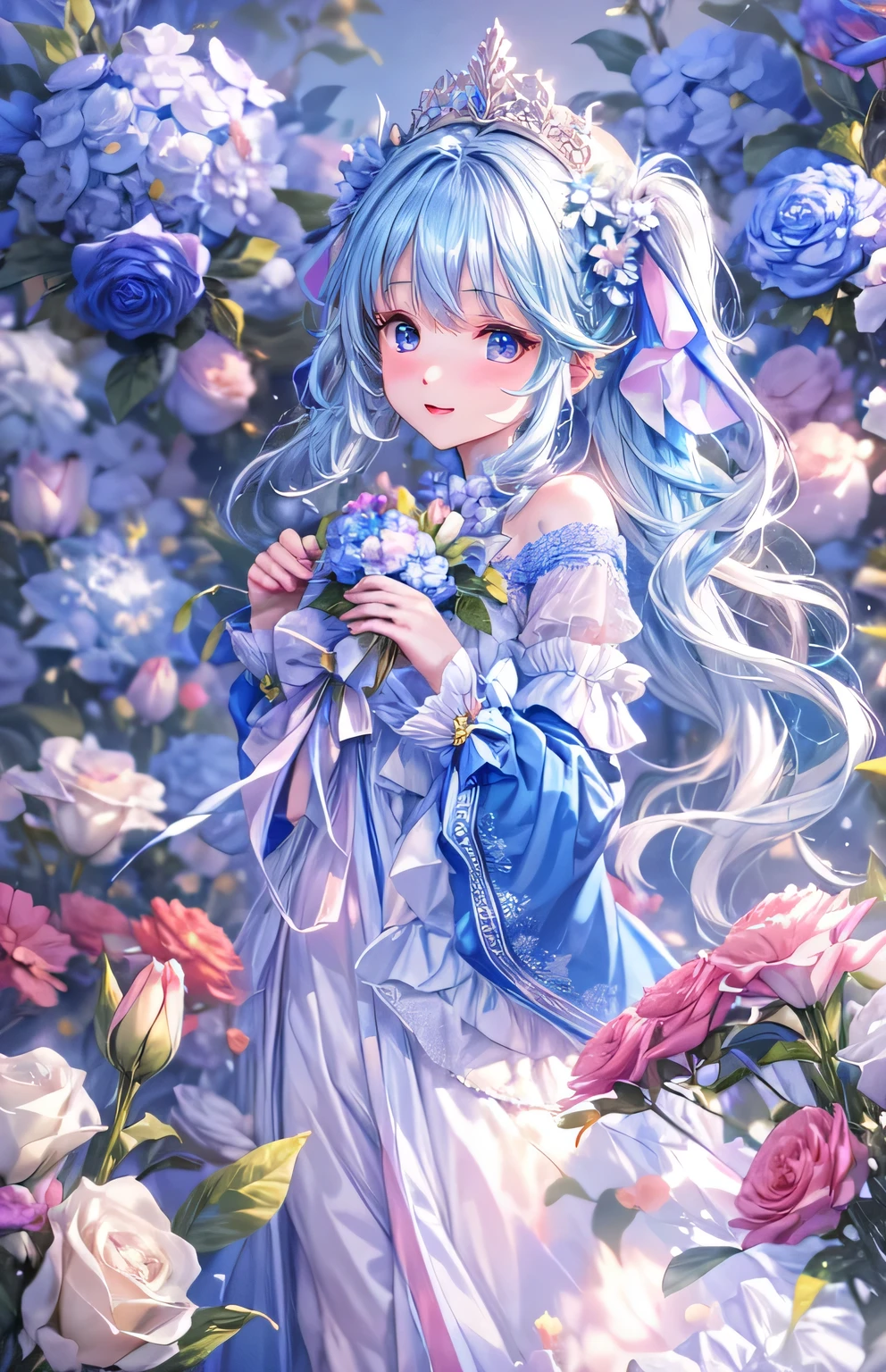 ((highest quality)), ((masterpiece)), (Get used to it), Perfect Face , beautiful girl , Princess , blue , bouquet ,