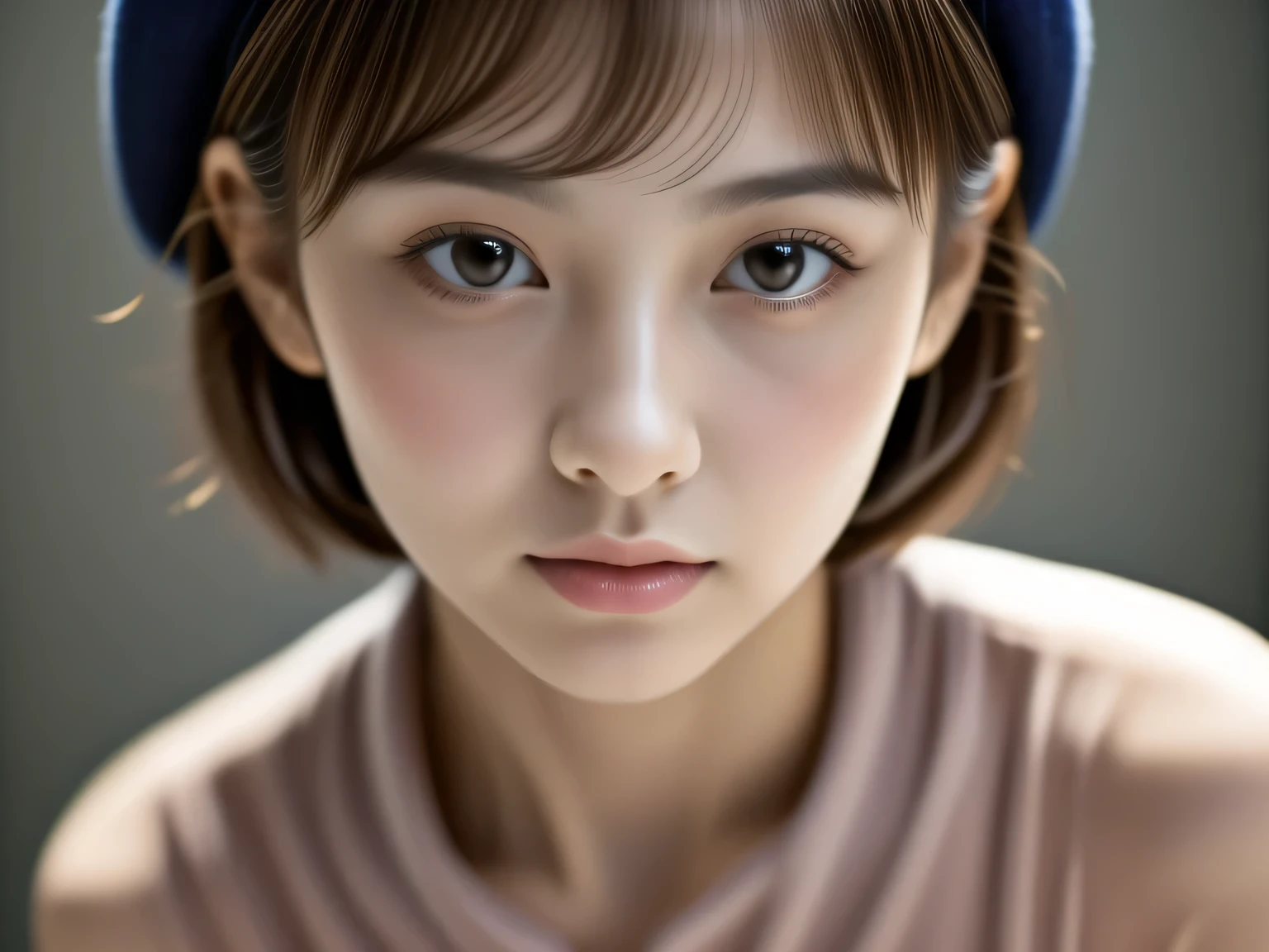 (Raw Photo), masterpiece, best quality, cinematic lighting, intricate composition,looking at viewer, 1 girl, cheek, earrings, short bob cut, Black-rimmed glasses, checked beret, summer muffler, blue brown contact lens, catch light on the eyes, pink lips,