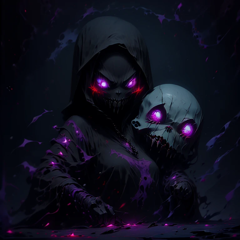 a cartoon image of a person with a scythe, natalie from epic battle fantasy, dark and grim lighting, looks like christina ricci, chibi monster girl, purple cloth, hearthstone card artwork, horror tones, inside a crypt, dwarf, dark colour, rotten flesh, villager, inspired by Krenz Cushart