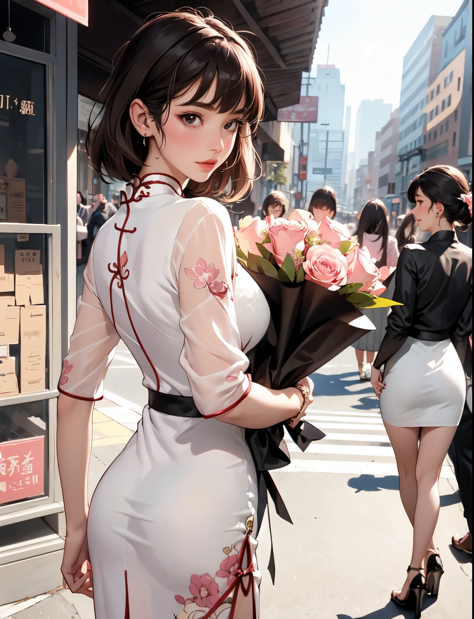 1lady solo, (looking back) (from behind), (strolling through city), (light pink cheongsam) stylish, mature female, /(dark brown hair/) bangs, blush, (masterpiece best quality:1.2) delicate illustration ultra-detailed, BREAK (holding bouquet) BREAK (luxurious downtown street) outdoors, noon, crowded, detailed background