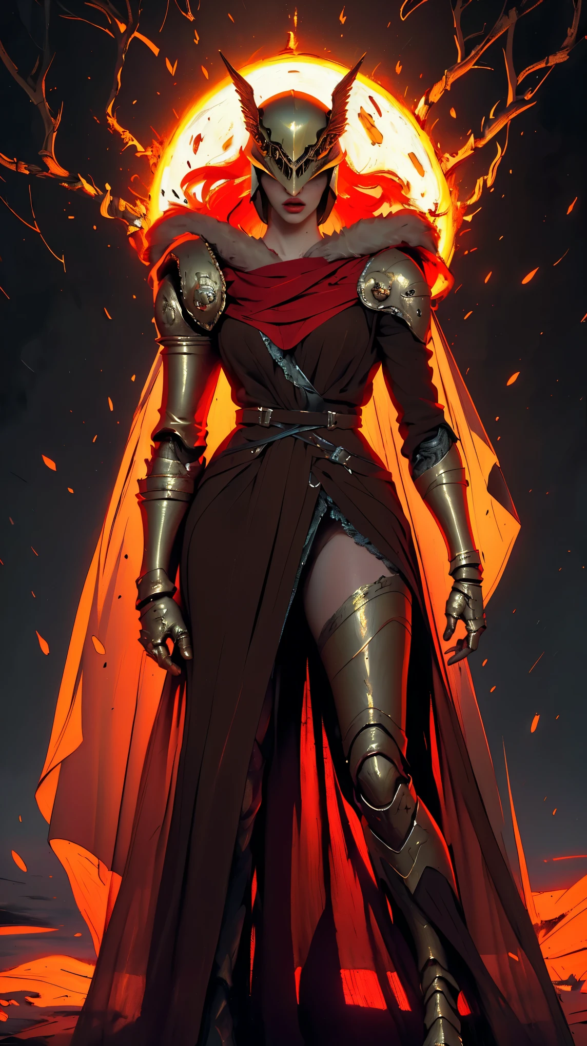 (best quality,highres,masterpiece:1.2),ultra-detailed,realistic,beautiful, 1girl, detailed eyes, detailed lips, long eyelashes, prothetic leg, single mechanical arm, prosthesis, MaleniaDef-style, armor, cape, helmet, brown dress, full body, vibrant colors, dynamic lighting