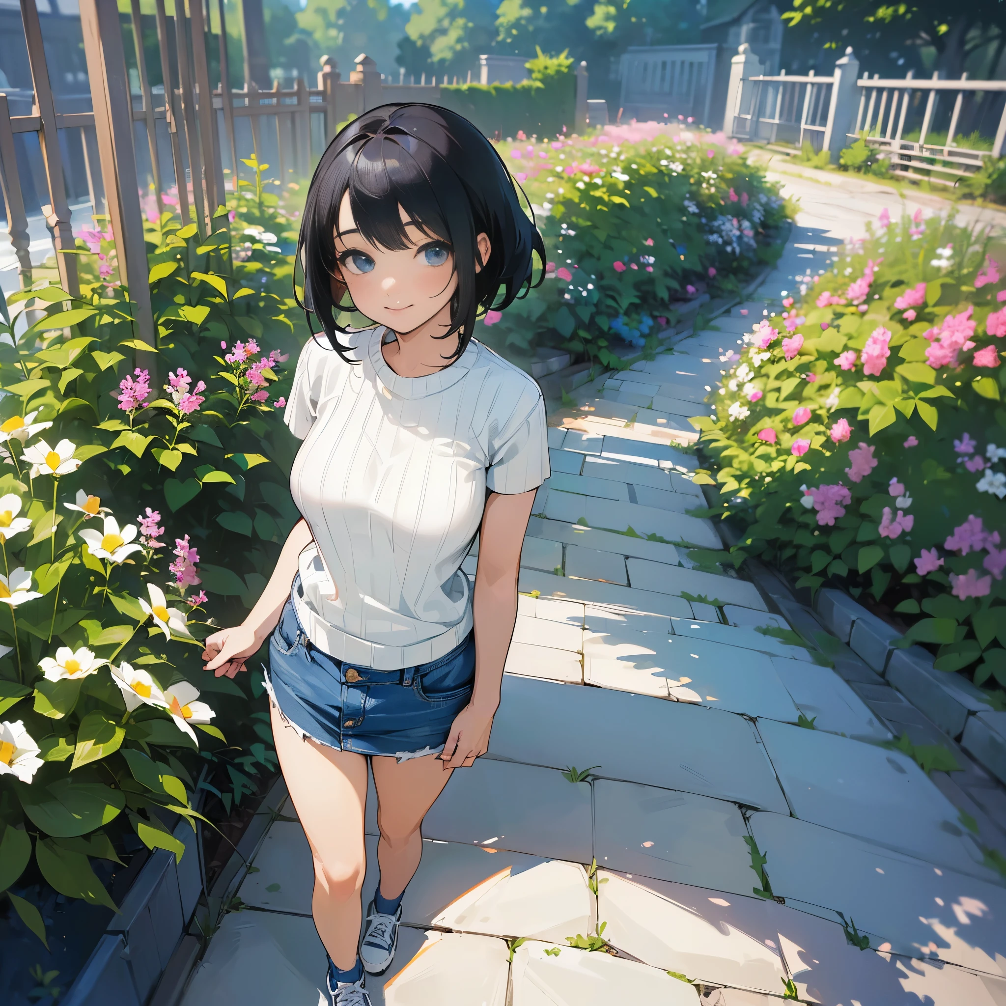 (high quality, High resolution, Very detailed, reality:1.37), Peaceful atmosphere, (Outdoor, garden), teenage girl standing alone, (my breasts are big.), Beautiful detail features, Cute Smile, (Black bob hair), Short sleeve ribbed sweater, Denim mini skirt, Blue socks, sneakers.