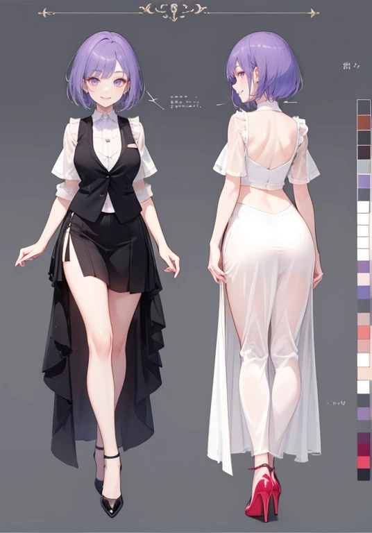 Purple hair,short cut hair,Adult female,Bartender,((Body harness)),((Rolling up your sleeves shirt)),(Corset),(Long skirt),(slit),High heels,((Simple background)),Smile,((Full body)),((whole body)),Character Sheet,
