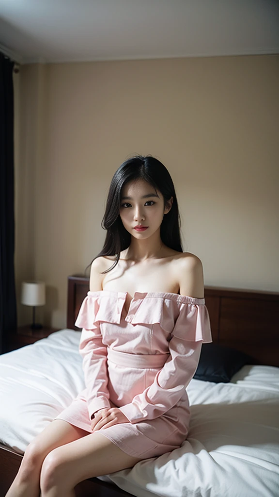 An Asian beauty with long black hair, wearing a pink off-the-shoulder dress, sat in her dorm room