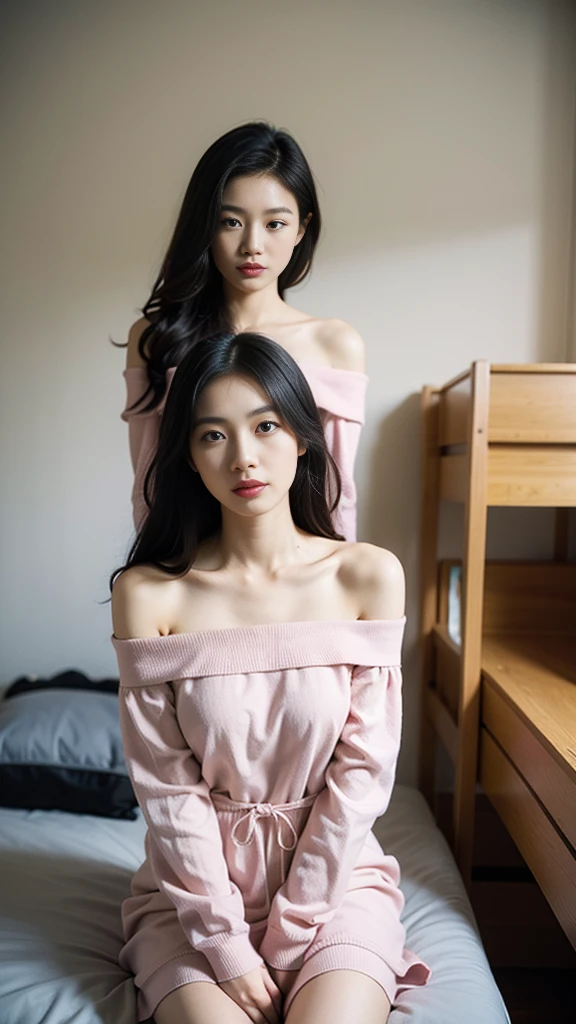 An Asian beauty with long black hair, wearing a pink off-the-shoulder dress, sat in her dorm room
