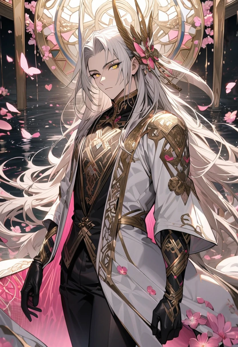 Ultra detailed, Highres, absurdres, Sesshomaru, white long hair, golden eyes, white long coat with patterns, pink flowers, petals, extremely handsome, sexy man, solo, very detailed eyes and face, black gloves, water, black pants, pink butterflies, black tight t-shirt,