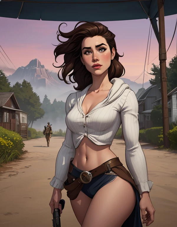 Woman character jeday style warrior armed with a 38 revolver western style atompunk Fallout 4 Jennifer Connelly le with marks of war Cartoon image of a woman .Ilustra??o estilo desenho animado, estilo de arte dos desenhos animados, estilo de arte dos desenhos animados, digital illustration style, estilo atompunk design de personagens altamente detalhado, arte digital detalhada coragem, Forest fan art, Design de personagens de retrato, beautiful digital illustration, retrato de alta qualidade, Arte em quadrinhos, mulher jovem cabelo com transas lindas . Queen Anna of ArendelleBeautiful lined eyes Medium large bust and wonderful sexy clothes. image expression of sexual desire from waist to head illustration Queen Anne of Arendelle atompunk style Fallout 4 The perspective is from below, enfatizando a majestade e o poder da Gigante." armed with a 38 revolver western style with a 38 revolver in her hands jeday style warrior in summer clothes on the beach