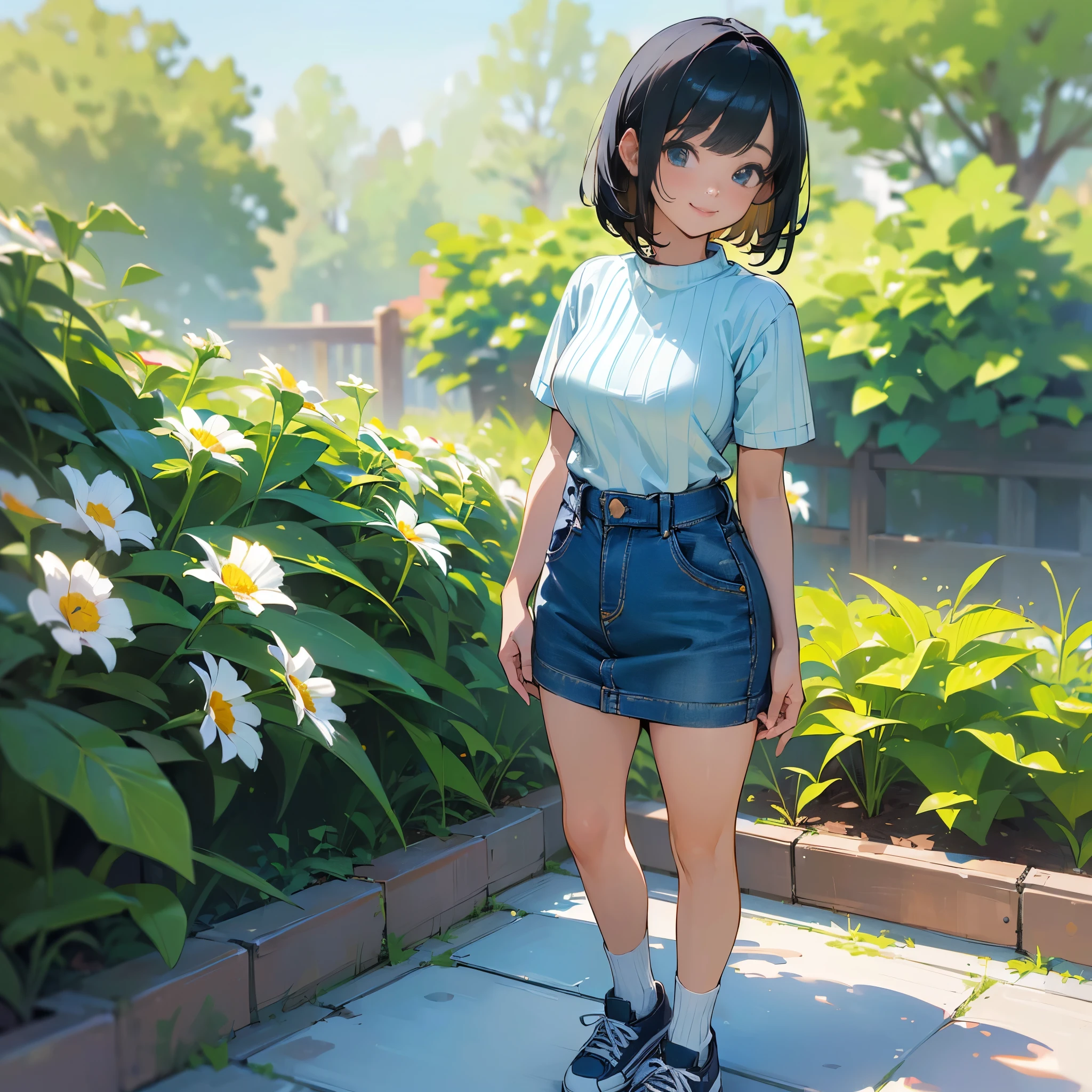 (high quality, High resolution, Very detailed, reality:1.37), Peaceful atmosphere, (Outdoor, garden), teenage girl standing alone, (my breasts are big.), Beautiful detail features, Cute Smile, (Black bob hair), Short sleeve ribbed sweater, Denim mini skirt, Blue socks, sneakers.