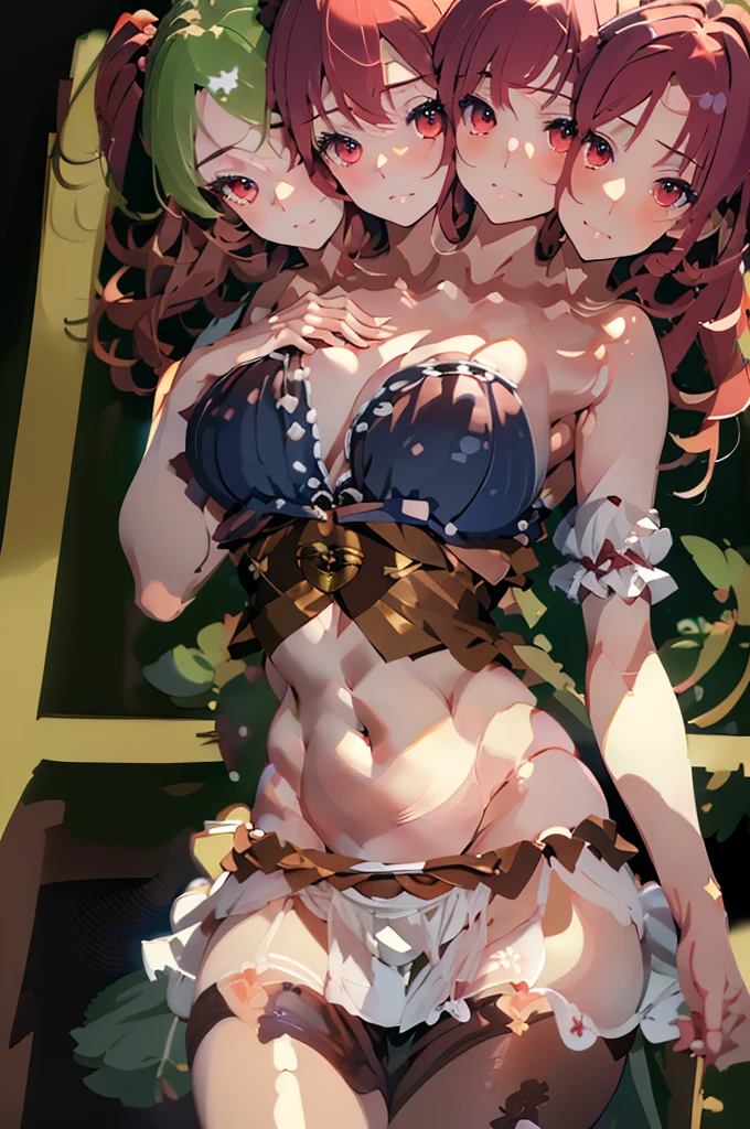 (masterpiece, best quality), best quality, (ultra-detailed), (3heads:1.5), 1girl, (onozuka komachi:1.3), masterpiece, best quality, ultra quality, ultra resolution, ultra detail, blue top, crop top, ((stomach)), midriff, ((groin)), blue skirt, normal ears, shackles, red hair, very long hair, wavy hair, sidelocks, red eyes, very detailed eyes, parted lips, single horn, sweat, cute, toned belly, hand on own chest, eyelashes, (24 year old woman:1.3), (masterpiece:1.5), (best quality:1.5), (beautiful detailed extremely detailed CG, extremely delicate and beautiful, depth of field, (finely detailed face), (perfect details:1.3), (mature female:1.3), wide pelvis, slender, large veiny breast, 16k resolution, highres, high quality, high definition, extremely detailed, masterpiece, best quality, red hair, long hair, alluring presence, braid, short skirt, close up, big tits, young, twintails, nsfw, open belly,