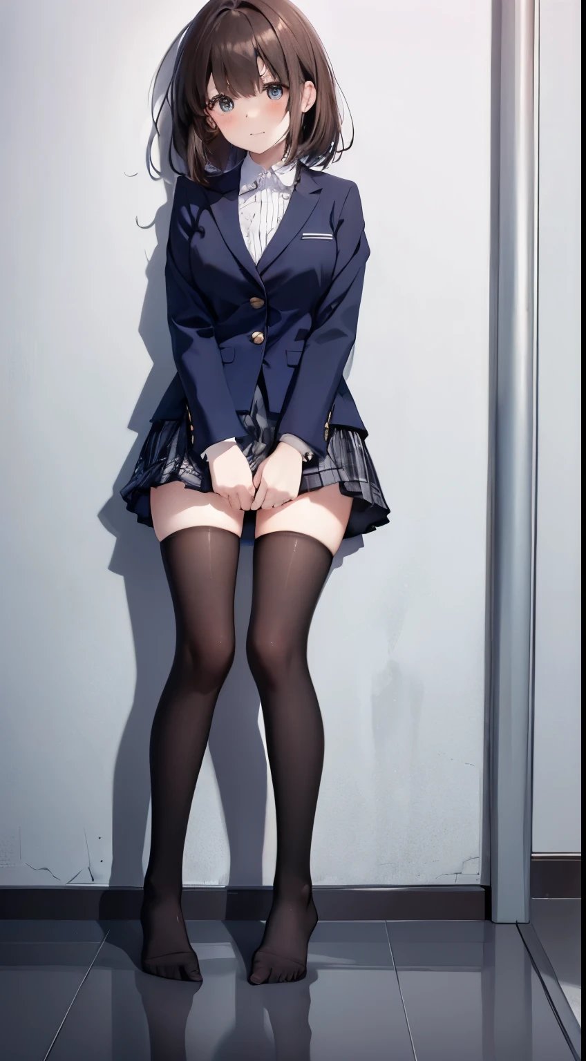 finest, masterpiece, High resolution, (Full body view from head to toe), Composition from slightly below the front, Symmetrical, 18 years old, slim and beautiful girl, alone, (small breasts), (not wearing shoes),Unkempt brown hair, bangs, (black tights), (black pantyhose), tied up with both arms hidden behind the back, , blush, shy big eyes, looking at camera, blazer uniform, plaid pleated skirt、Panties around ankles、Black knee-high socks