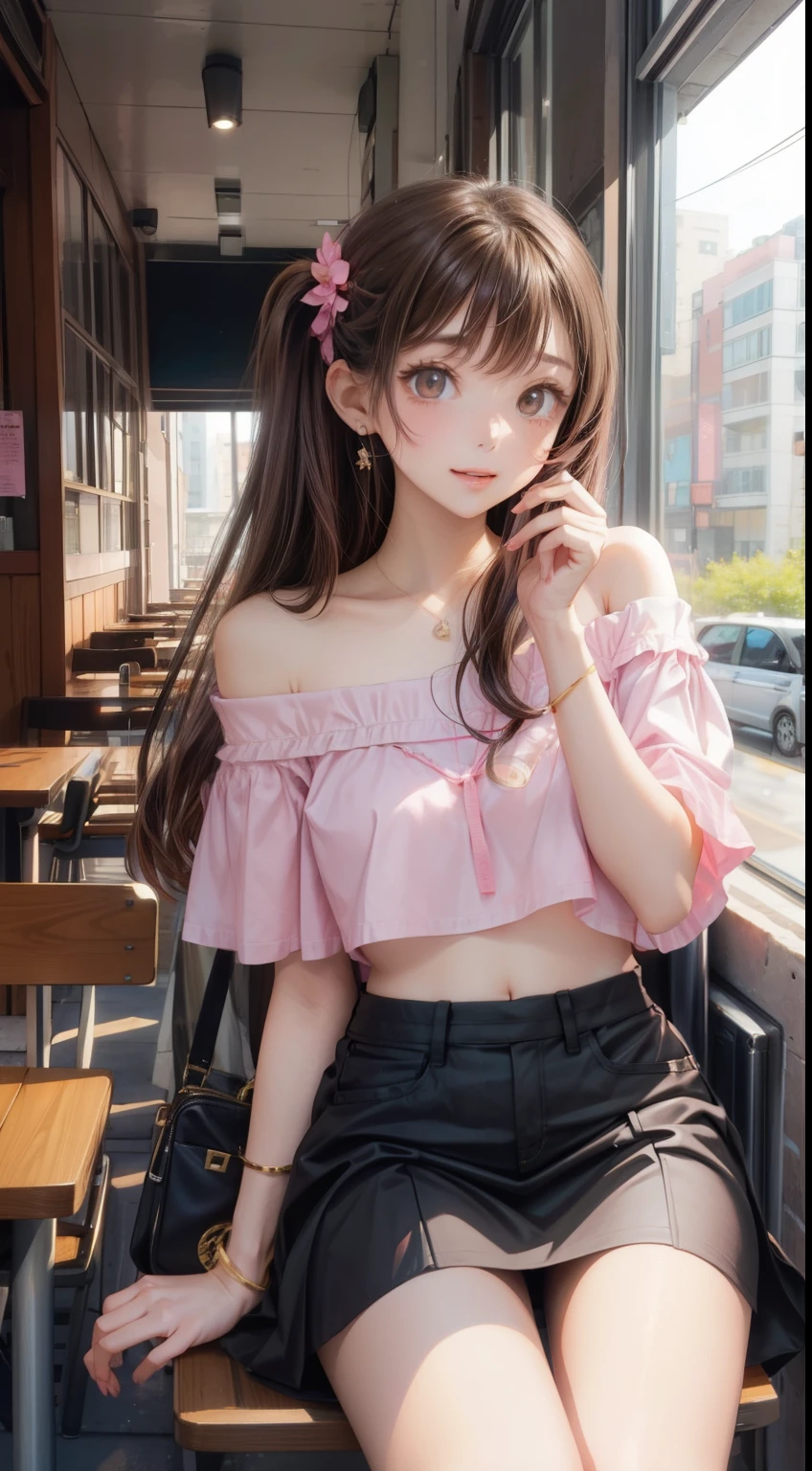 Cafe、Young woman drinking coffee、、smile、Pink off-shoulder top、Black Skirt、Looking straight ahead、Second dimension beautiful girl