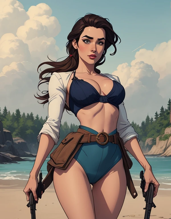 Woman character jeday style warrior armed with a 38 revolver western style atompunk Fallout 4 Jennifer Connelly le with marks of war Cartoon image of a woman .Ilustra??o estilo desenho animado, estilo de arte dos desenhos animados, estilo de arte dos desenhos animados, digital illustration style, estilo atompunk design de personagens altamente detalhado, arte digital detalhada coragem, Forest fan art, Design de personagens de retrato, beautiful digital illustration, retrato de alta qualidade, Arte em quadrinhos, mulher jovem cabelo com transas lindas . Queen Anna of ArendelleBeautiful lined eyes Medium large bust and wonderful sexy clothes. image expression of sexual desire from waist to head illustration Queen Anne of Arendelle atompunk style Fallout 4 The perspective is from below, enfatizando a majestade e o poder da Gigante." armed with a 38 revolver western style with a 38 revolver in her hands jeday style warrior in summer clothes on the beach