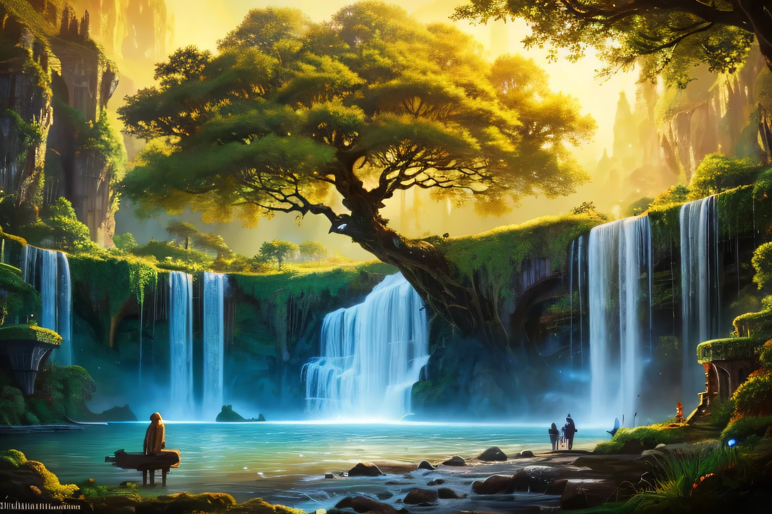 Painting of a tree with a waterfall and a castle in the background, Detailed painting by Kelembeit, Artstation Contest Winner, Fantasy art, Magic Tree, Fantasy Tree, Space Tree of life, Magic Tree, the world Tree, Space Tree, the Tree of Life, Golden Sacred Tree, Tree of Life, large Magic Trees, world Tree