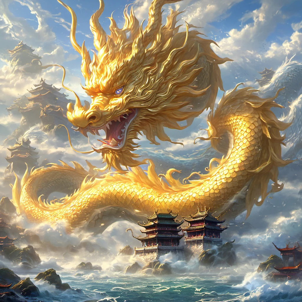 in the fantasy world, Golden Dragon,{a head},Rich details,Ocean,Sky,Mountain,thunder,Traditional Chinese architecture,