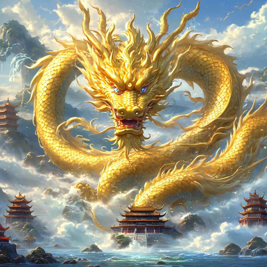 in the fantasy world, Golden Dragon,{a head},Rich details,Ocean,Sky,Mountain,thunder,Traditional Chinese architecture,