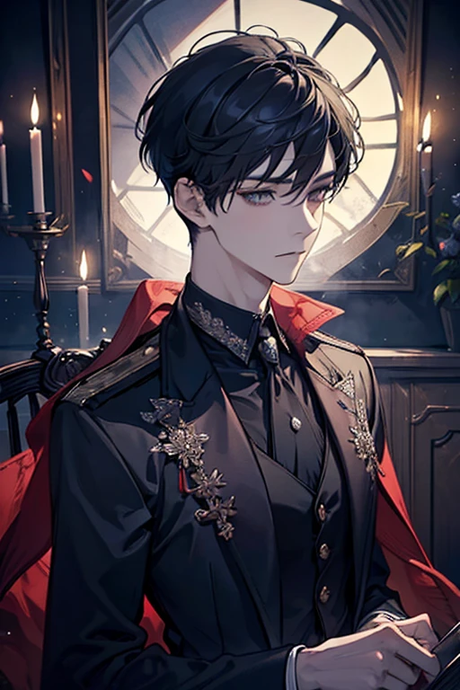 ((Best quality)), ((masterpiece)), (detailed), ((perfect face)), ((halfbody)) perfect proportions ,He is a handsome student, 18 years old, short hair, topless in uniform, there is a background of a school gothic room with lit candles, gnostic vibe ((perfect face))