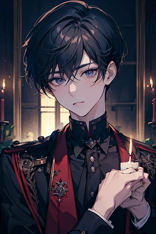 ((Best quality)), ((masterpiece)), (detailed), ((perfect face)), ((halfbody)) perfect proportions ,He is a handsome student, 18 years old, short hair, topless in uniform, there is a background of a school gothic room with lit candles, gnostic vibe ((perfect face))