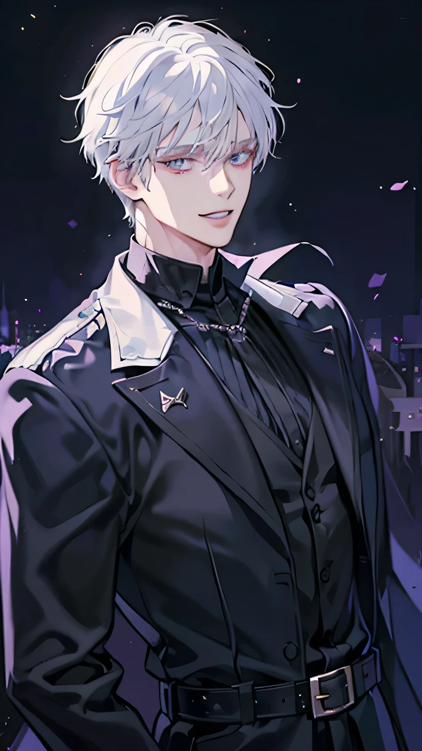 White hair man. Cool. Naughty. Grinning. Canine teeth visible. Dark knight. All black outfit with purple secondary color. Black prince. Very cool. Tall and handsome. All hands down. North duke type. Masculine. Stocky. Solo. Hd. Detail