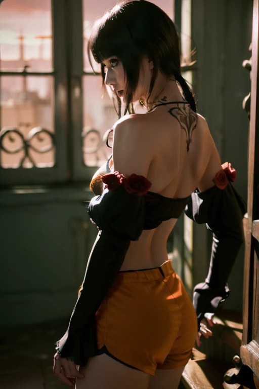 Eliza from Tekken, in a black bra with a blouse falling off her shoulders, in short shorts, sensual look, in the living room of her house relaxing, soft orange light over the environment at dusk