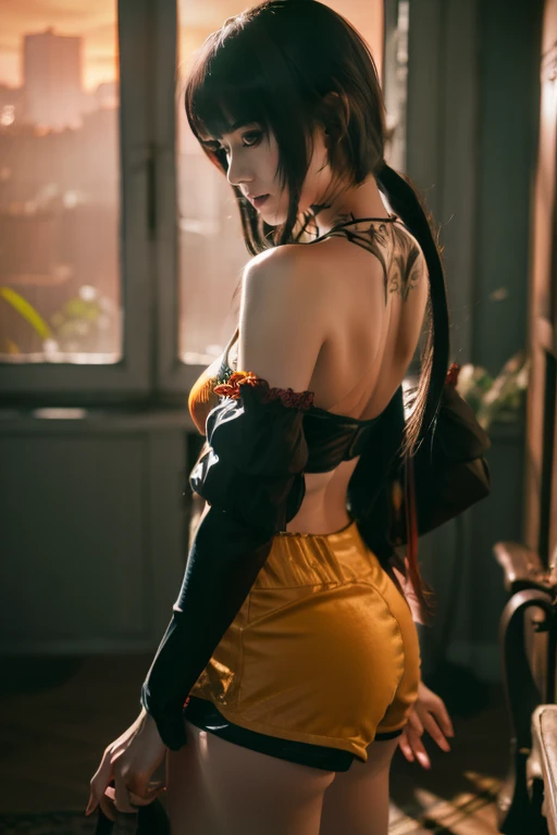 Eliza from Tekken, in a black bra with a blouse falling off her shoulders, in short shorts, sensual look, in the living room of her house relaxing, soft orange light over the environment at dusk