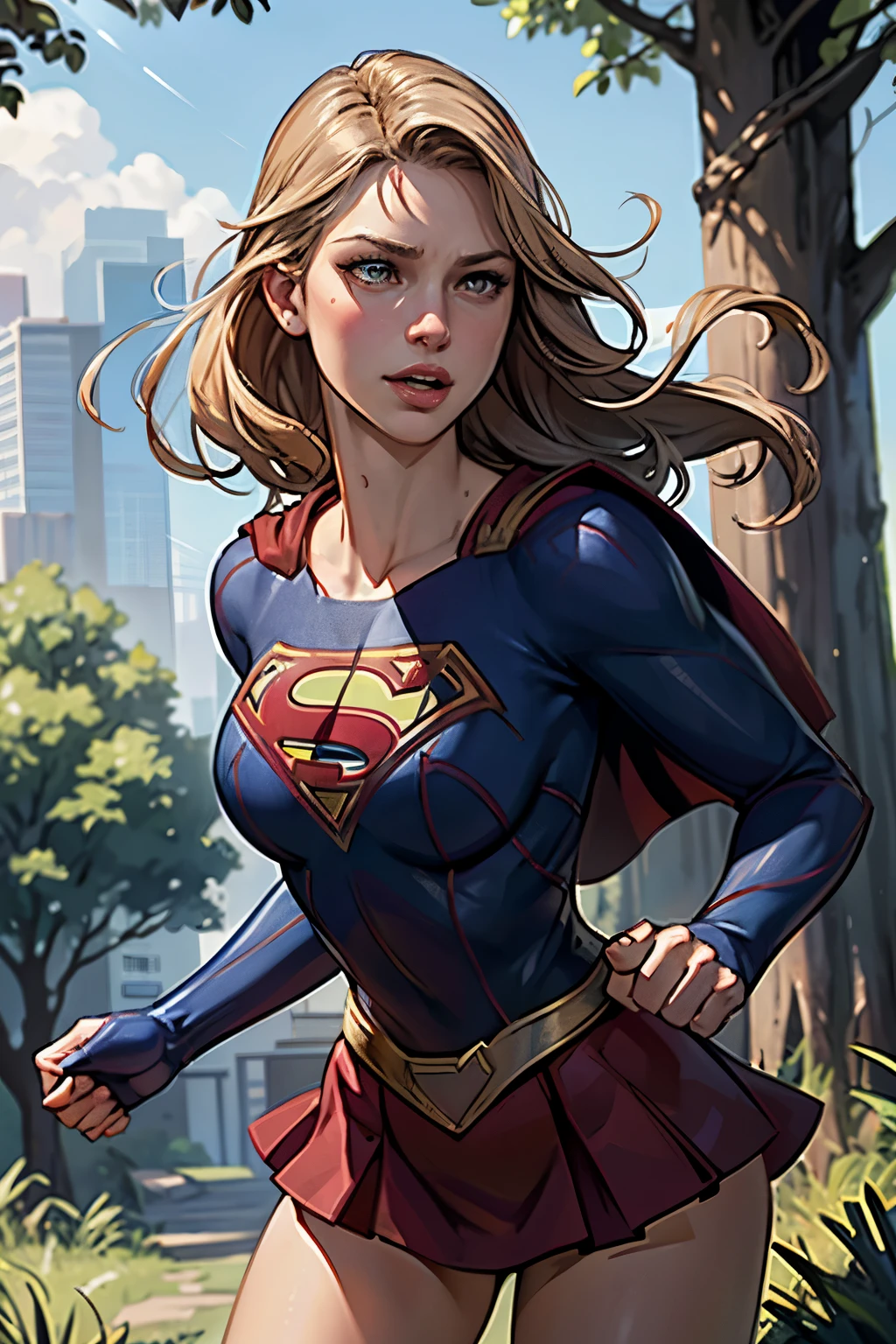 ((highest quality)), ((masterpiece)), (be familiar with), (High definition), (Realistic), (Realistic), (Best Shadow), Low contrast, (Complex:1.4), Side lighting, 8K, ((melissa Benoist)), ((SUPER GIRL)), Perfect Face、Detailed、(Accurate hand and finger depiction)、supergirl women、Blonde、Voluptuous body、Large Breasts、Narrow waist、Big Ass、Alluring、glamorous、(Action Scenes)、Supergirl takes on two villains in action、sweating、On the grass、in the deep forest、blue sky