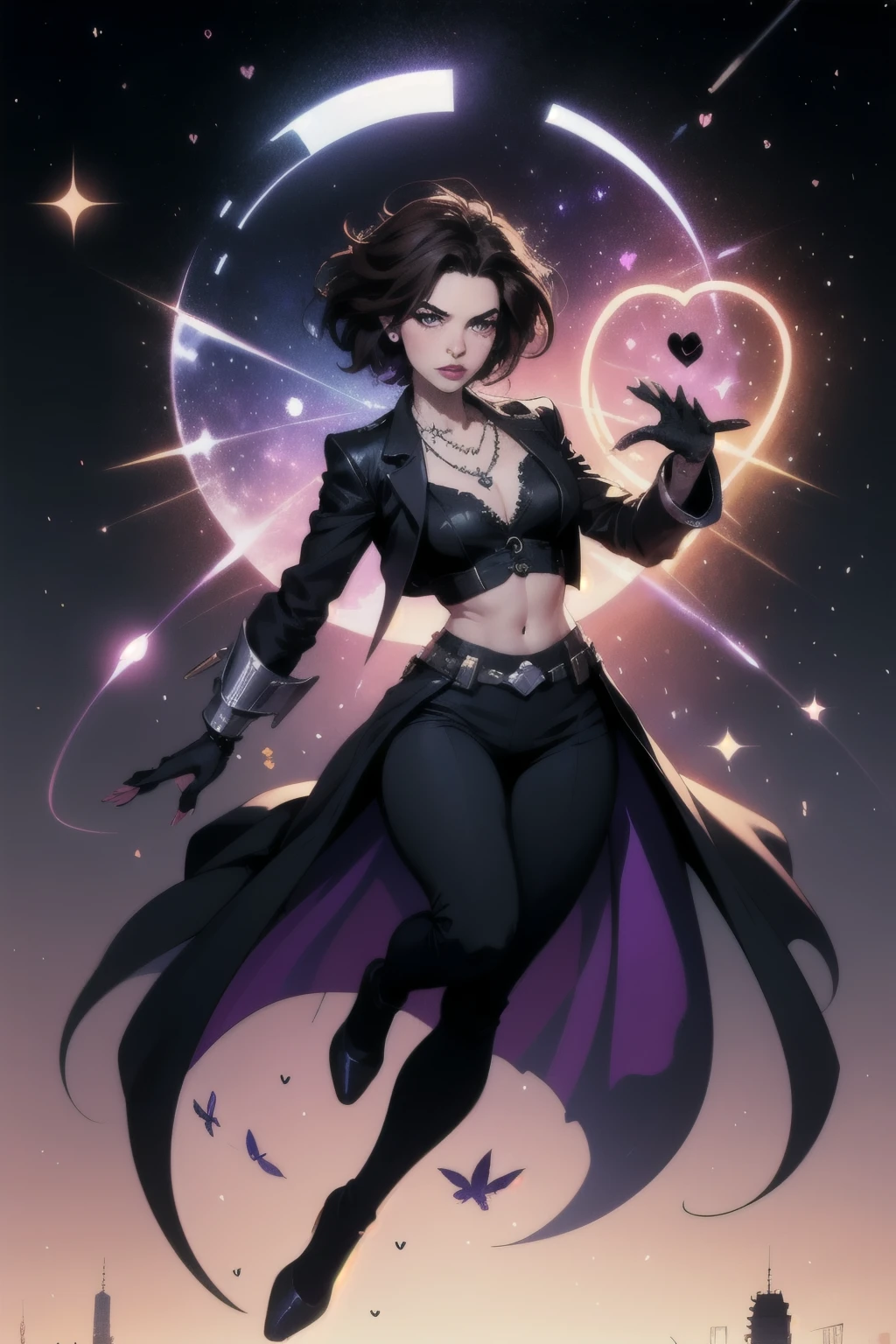 A full body illustration of a woman with light skin color, big colorful eyes (colorful eyes), wide dark brown eyebrows, a button nose, faint freckles, a heart shaped face, pink lips with a soft Cupid’s bow, her hair is chin length and short with a middle part and butterfly cut (short hair) (middle part) (galaxy), her hair is a dark brown (very dark brown hair) but has a galaxy in them and dozens of stars. She has a serious and intimidating expression. She is wearing an all black pantsuit (black pantsuit) with a black crop top, black fingerless gloves, many necklaces (many necklaces) (many rings), and black flats. She is floating and her hair is floating too. The background is a city at twilight with purple and dark blue.