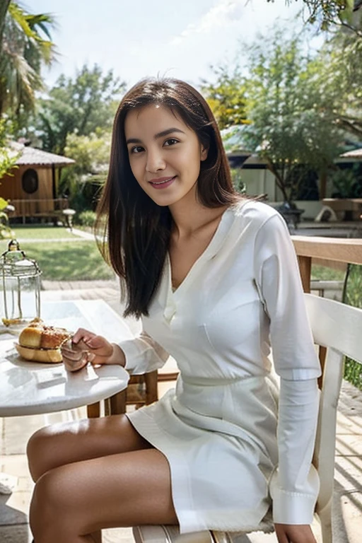 Young sweet beautiful Bogor city girl, 23 years old, thin body, slim thigh, sweet georgeus Bogor city girl face, descent mixed from sundanese and turkish, neat short black hair, stiting down relax on chair at back yard in Bogor, having breakfast on table, wearing white lady shoes, wearing white see through  buttoned long sleeve official dress, wearing blue official skirt, realistic, no cartoon, happy laughing being in love face,  bright harmeyes,  full all body  to the feet view, all fingers have normal shape, in the sunny morning, sun shine through her clothes, wearing pink thin lace panty, wearing white soft cup bra visible through her clothes, wearing glasses, ready to go to office,