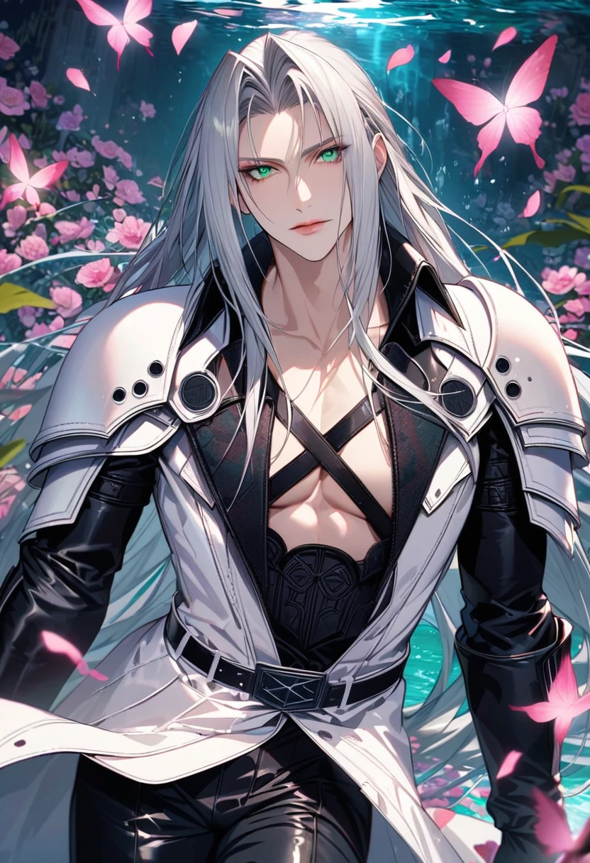 Ultra detailed, Highres, absurdres, Sephiroth, silver long hair, green eyes, Final Fantasy VII Remake, white long coat with patterns, pink flowers, petals, extremely handsome, sexy man, solo, very detailed eyes and face, black gloves, water, black pants, pink butterflies, black tight t-shirt,