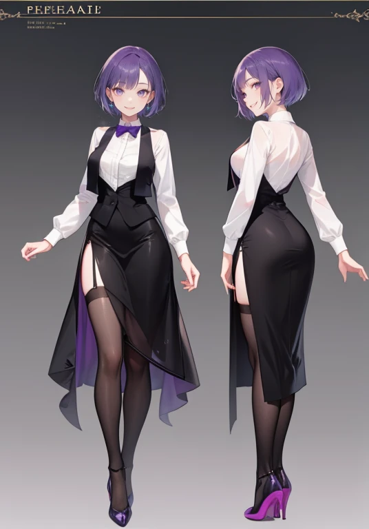 ((Perfect Face)),Purple Hair,short hair,1 female,bartender,,Black vest,skirt,slit,High heels,((Simple light color background)),((smile)),((Full Body)),((full body)),Portraits,Character Sheet,upright,expensive