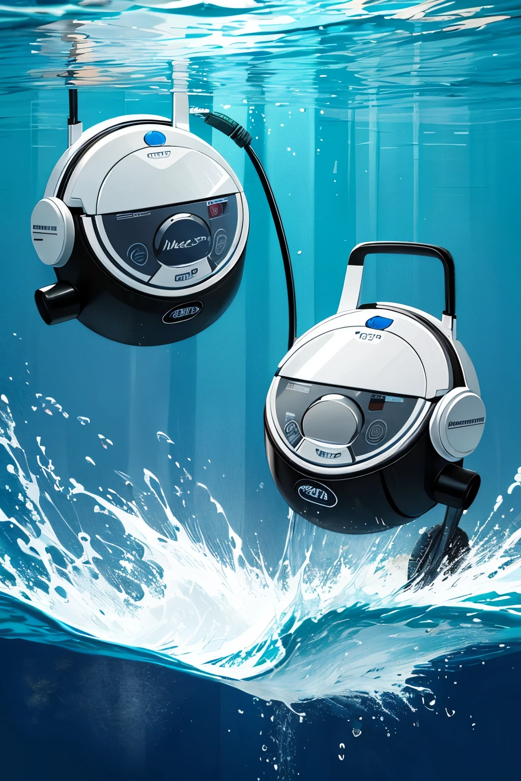 create a waterproof robot vacuum cleaner that removes plastic waste from all layers of the ocean by swimming, extremamente colorido, cartoon, corais e peixes