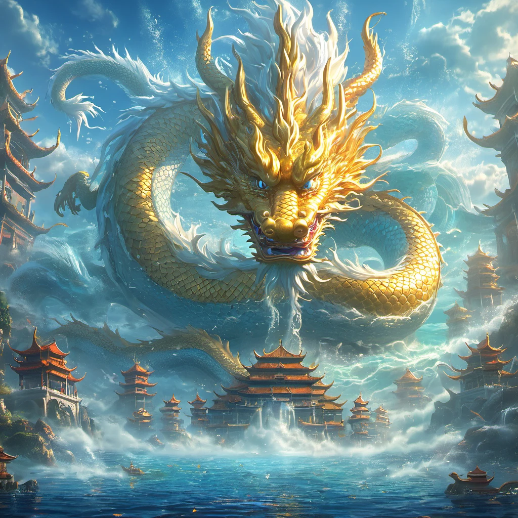 in the fantasy world, Undersea Palace,Traditional Chinese architecture,Golden Dragon,Rich details,thunder