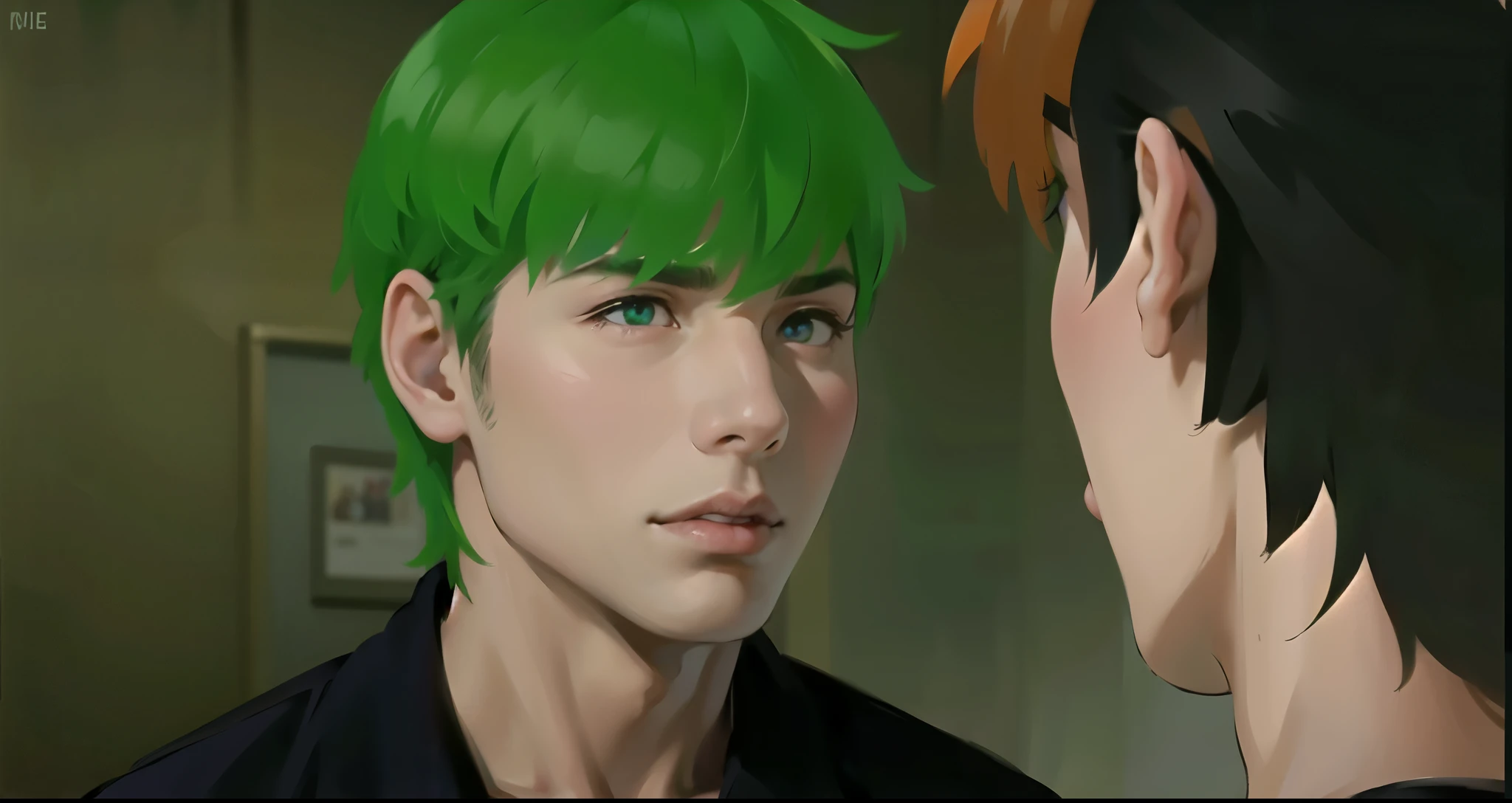 hay dos chicos se miran ala cara y le habla ojos verdes cabello verde