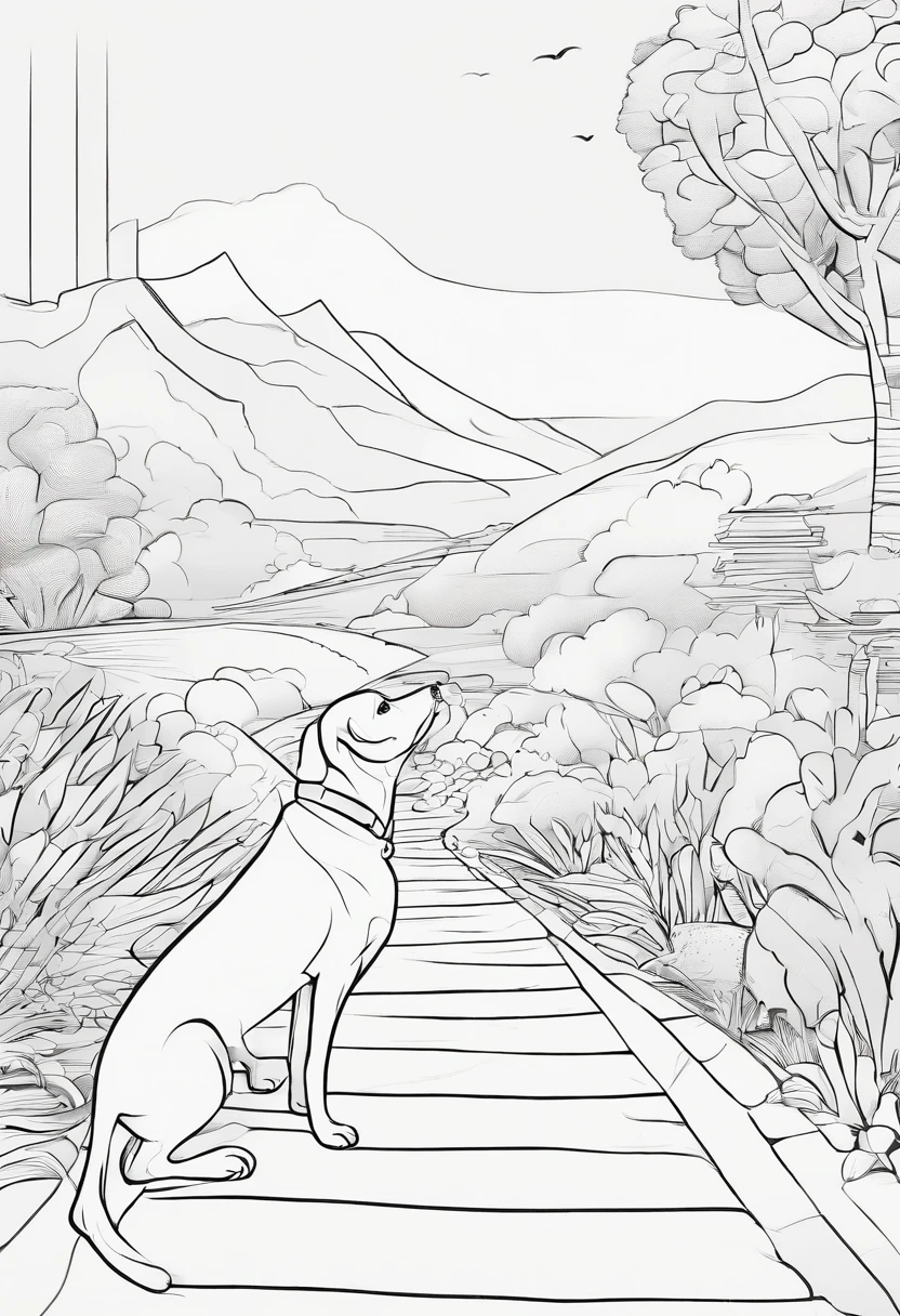 an dog walking in a pathway, line art, cartoon character, 3d style, high quality, col oring book, hand draw,line art