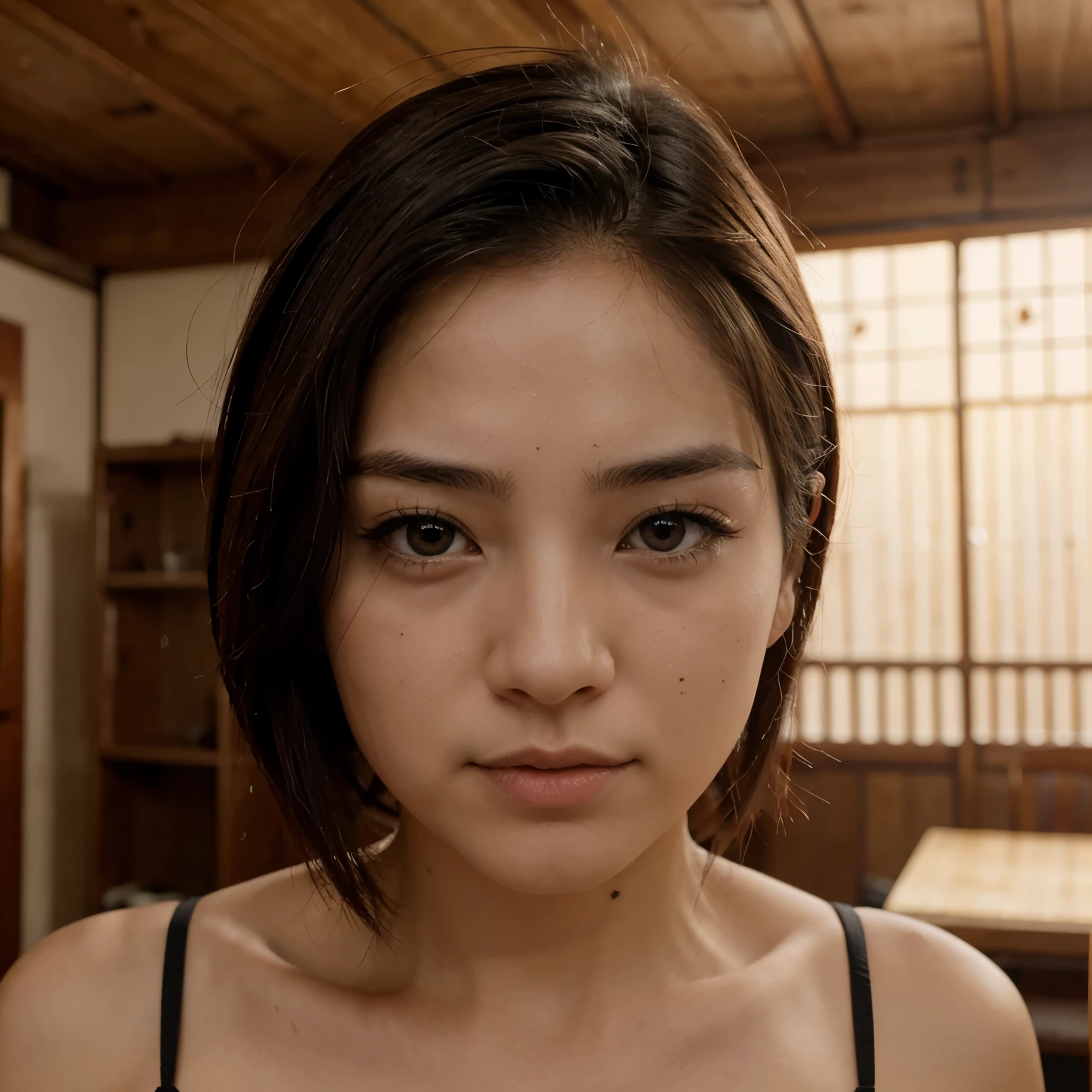 Un mono con ojos de japones y pelo rubio y lacio con corte de librito con cejas marcadas y un poco panzon