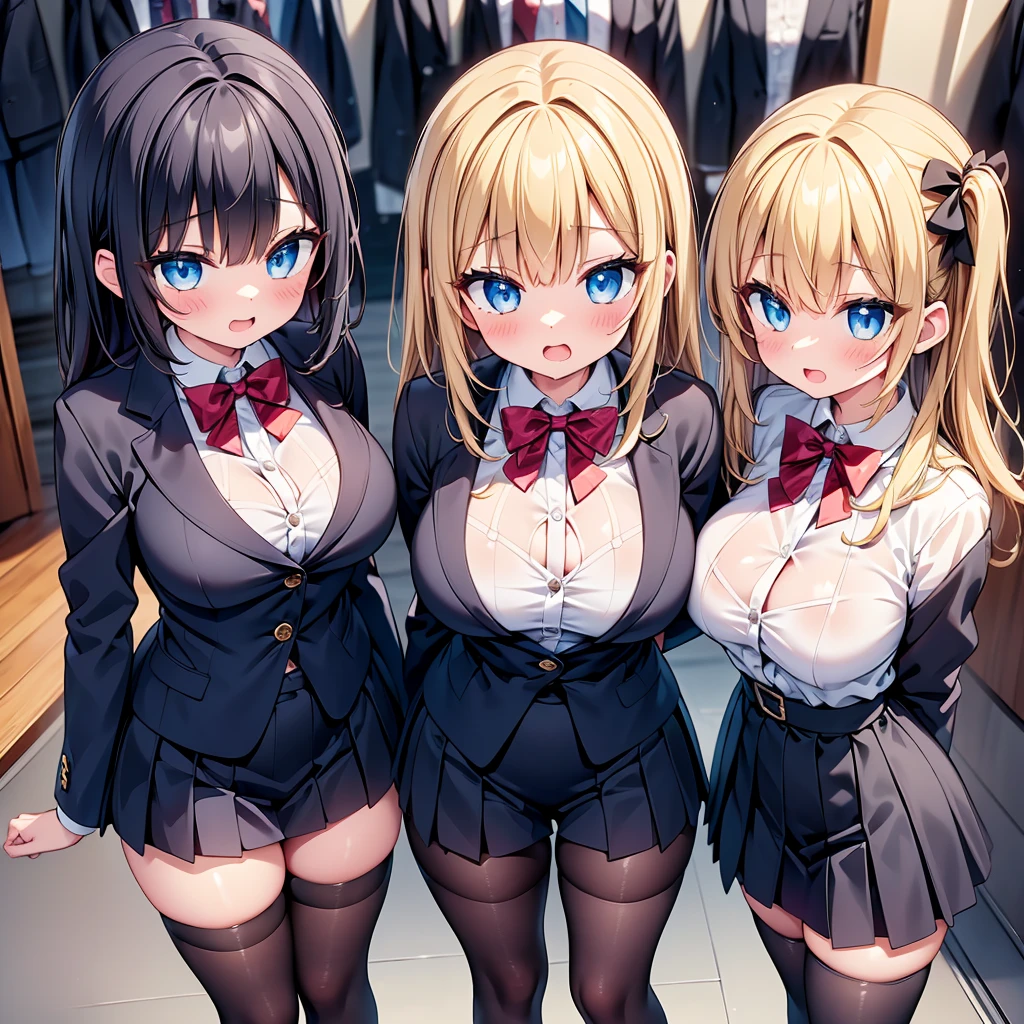 (cute eyes:1.2), (sparkling eyes:1.2), highest quality,wonderful,finely,extremely detailed CG Unity 8K wallpaper, (Stand in line:1.2), (3 girls, clothed), (blouse :1.1), (midium breasts), (open mouth:1.1), (long tongue:1.1), (mouth drool:1.1), (black stockings:1.1),(Thighs:1.1),(Waistline:1.1)