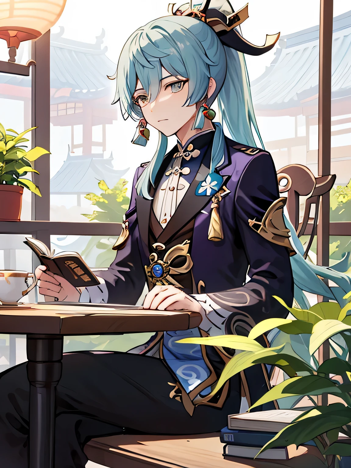man in a tea shop, sitting down, reading a book, male, green hair, long hair, high ponytail, detailed eyes, keqing from genshin impact, genshin impact character, genshin, baizhu li from genshin impact, ayaka game genshin impact, genshin impact, shadowverse style, genshin impact style,