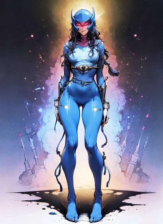 perfect proportions, anatomically correct, (head to toe: 2.0), (full body image: 2.0), solo, (Casshern: 1.6), extremely stylized, deviant art, masterpiece, highly detailed, detailed eyes, expressive detailed eyes, detailed pupils, futuristic, ((1950s scifi helmet)), ((pointy helmet)), Rubber Gloss, (blue skinsuit:1.4), white boots, entire body image, full body shot, nvinkpunk, professional photograph of alexander_skarsgard, tassles, large beads, large tassels, navy blue and white, cyberpunk, inkpunk, paint platter, ink splatter, (action pose:1.0)