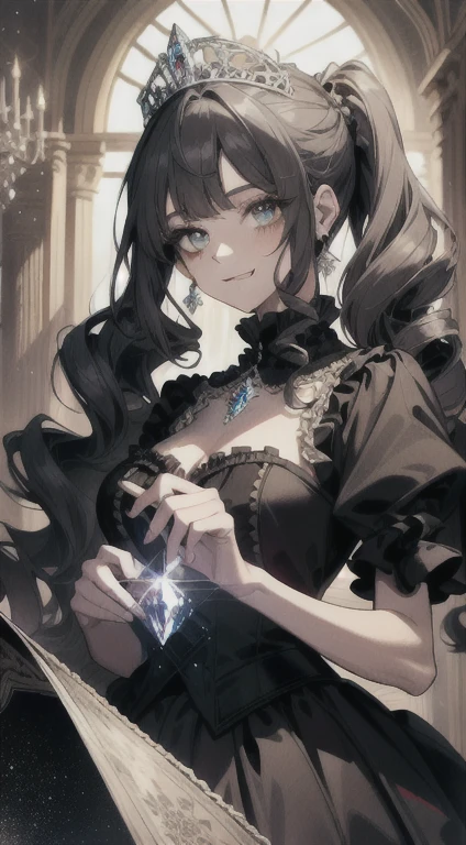 Dramatic composition, court-style dresses, royal, gorgeous, cascading frills, ruffles, bows, crystal chandeliers, Roman curly hairstyles, ponet, double ponytails like drills, look at the camera, bangs, maximalism, palatial background, delicate portrayal of hair and eyes, princess dresses, gorgeous skirts, flowers in hand, smiles, starry eyes, cinematic light, extreme detail, high definition, happy girl, very long hair, diamonds, broken diamonds, crystal fragments, light particles
