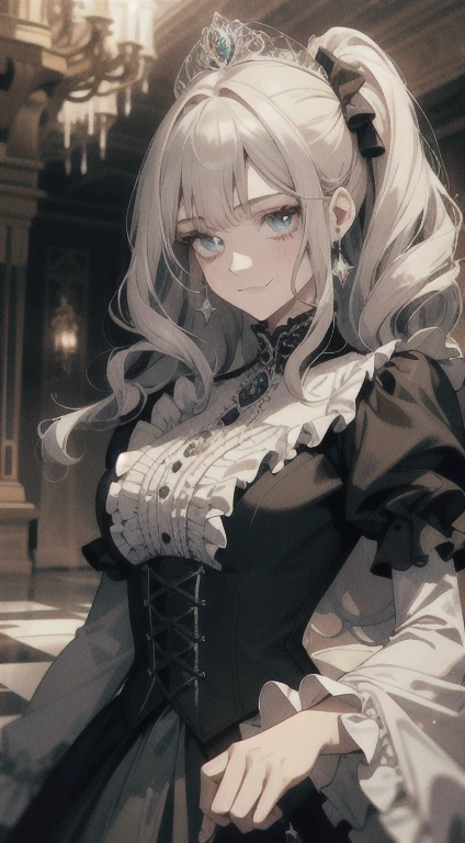 Dramatic composition, court-style dresses, royal, gorgeous, cascading frills, ruffles, bows, crystal chandeliers, Roman curly hairstyles, ponet, double ponytails like drills, look at the camera, bangs, maximalism, palatial background, delicate portrayal of hair and eyes, princess dresses, gorgeous skirts, flowers in hand, smiles, starry eyes, cinematic light, extreme detail, high definition, happy girl, very long hair, diamonds, broken diamonds, crystal fragments, light particles
