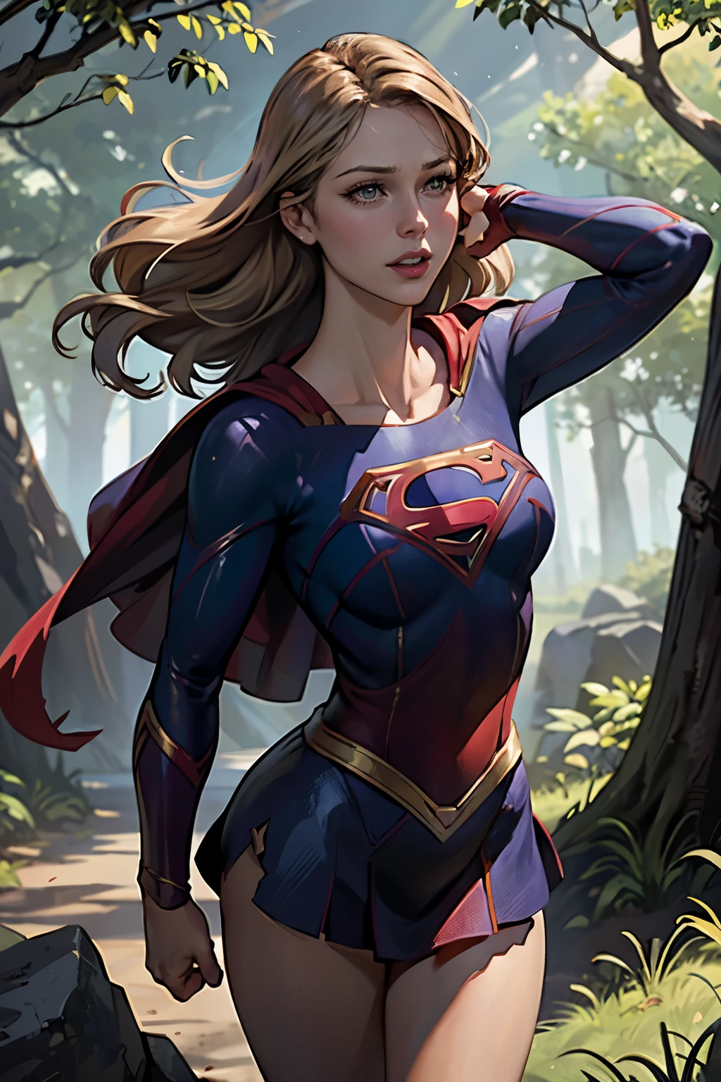 ((highest quality)), ((masterpiece)), (be familiar with), (High definition), (Realistic), (Realistic), (Best Shadow), Low contrast, (Complex:1.4), Side lighting, 8K, ((melissa Benoist)), ((SUPER GIRL)), Perfect Face、Detailed、(Accurate hand and finger depiction)、supergirl women、Blonde、Voluptuous body、Large Breasts、Narrow waist、Big Ass、Alluring、glamorous、(Action Scenes)、Supergirl's punch defeats two villains、sweating、On the grass、in the deep forest、blue sky