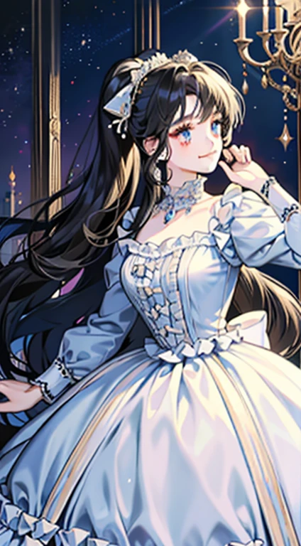 Dramatic composition, court-style dresses, royal, gorgeous, cascading frills, ruffles, bows, crystal chandeliers, Roman curly hairstyles, ponet, double ponytails like drills, look at the camera, bangs, maximalism, palatial background, delicate portrayal of hair and eyes, princess dresses, gorgeous skirts, flowers in hand, smiles, starry eyes, cinematic light, extreme detail, high definition, happy girl, very long hair, diamonds, broken diamonds, crystal fragments, light particles