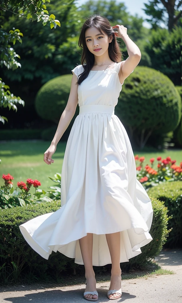 masterpiece, best quality,8k, Ultra-high resolution,Real light and shadow,movie shot,(beautiful eyes:1.1), ((medium shot the scene is,Upper part of the body)),dynamic poses,On green meadows,The gentle goddess takes gentle steps。he is wearing a dress,A gentle breeze blows,The skirt dances lightly。The sun shines through the leaves into her hair,Reflecting her clear eyes and gentle smile。Colorful butterflies dance around her,Flowers bloom at her feet,It's as if nature is cheering her on.。