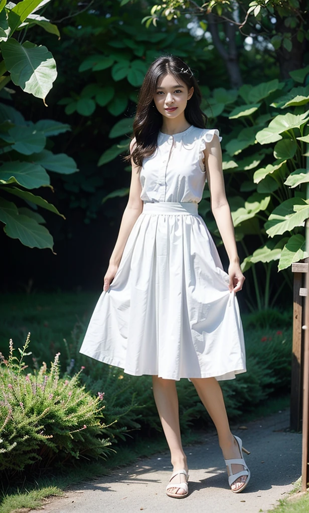 masterpiece, best quality，8k, Ultra-high resolution，Real light and shadow，movie shot，(beautiful eyes:1.1)， ((medium shot the scene is，Upper part of the body))，dynamic poses，On green meadows，The gentle goddess takes gentle steps。he is wearing a dress，A gentle breeze blows，The skirt dances lightly。The sun shines through the leaves into her hair，Reflecting her clear eyes and gentle smile。Colorful butterflies dance around her，Flowers bloom at her feet，It&#39;s as if nature is cheering her on.。