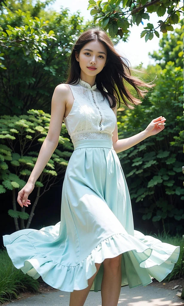 masterpiece, best quality,8k, Ultra-high resolution,Real light and shadow,movie shot,(beautiful eyes:1.1), ((medium shot the scene is,Upper part of the body)),dynamic poses,On green meadows,The gentle goddess takes gentle steps。he is wearing a dress,A gentle breeze blows,The skirt dances lightly。The sun shines through the leaves into her hair,Reflecting her clear eyes and gentle smile。Colorful butterflies dance around her,Flowers bloom at her feet,It's as if nature is cheering her on.。