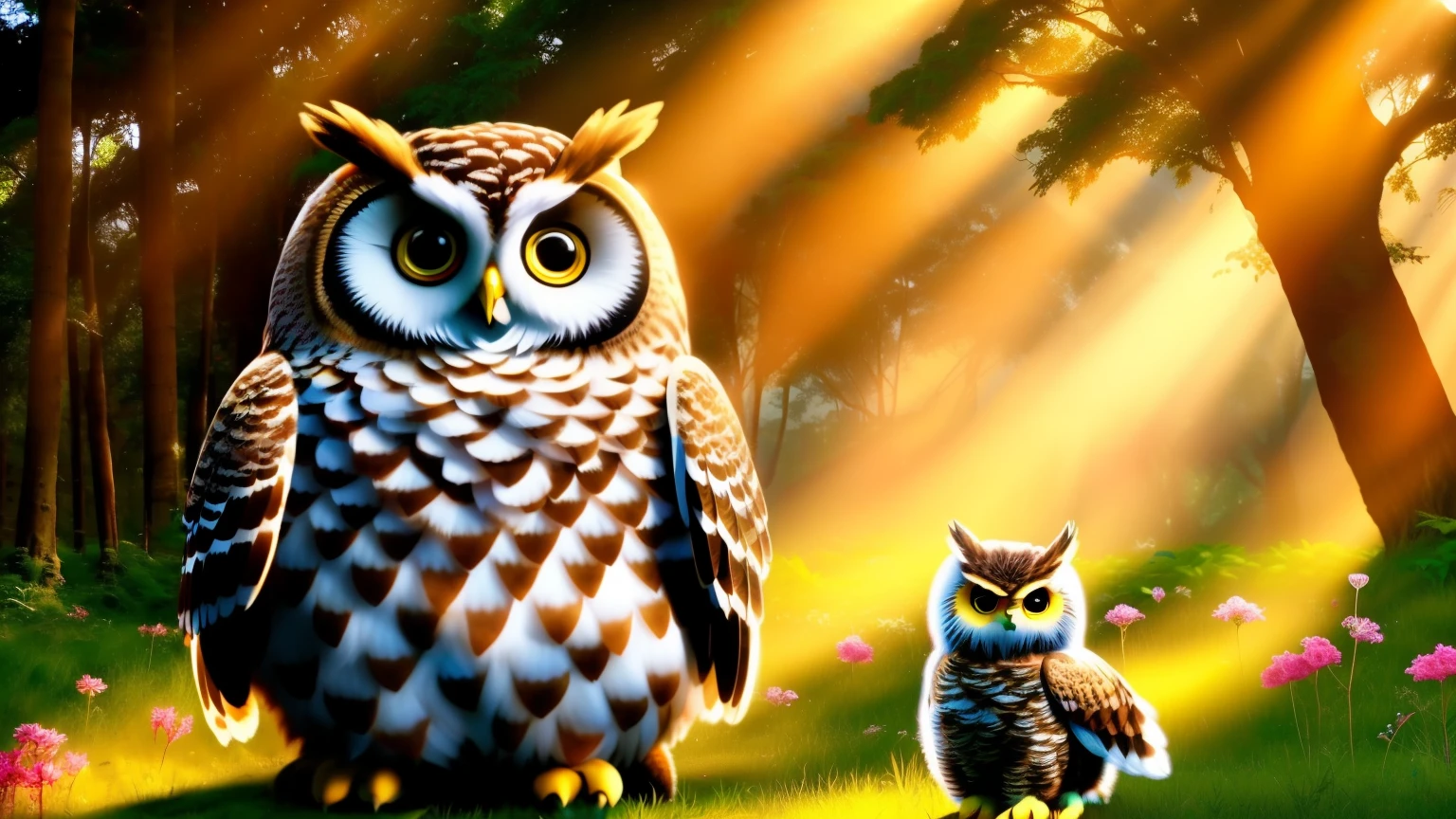 gato alaranjado, deitado de lado para a camera, stands in front of a large and beautiful owl, e fica ouvindo a coruja falar com ele na floresta. over the vegetation sun rays illuminate the environment