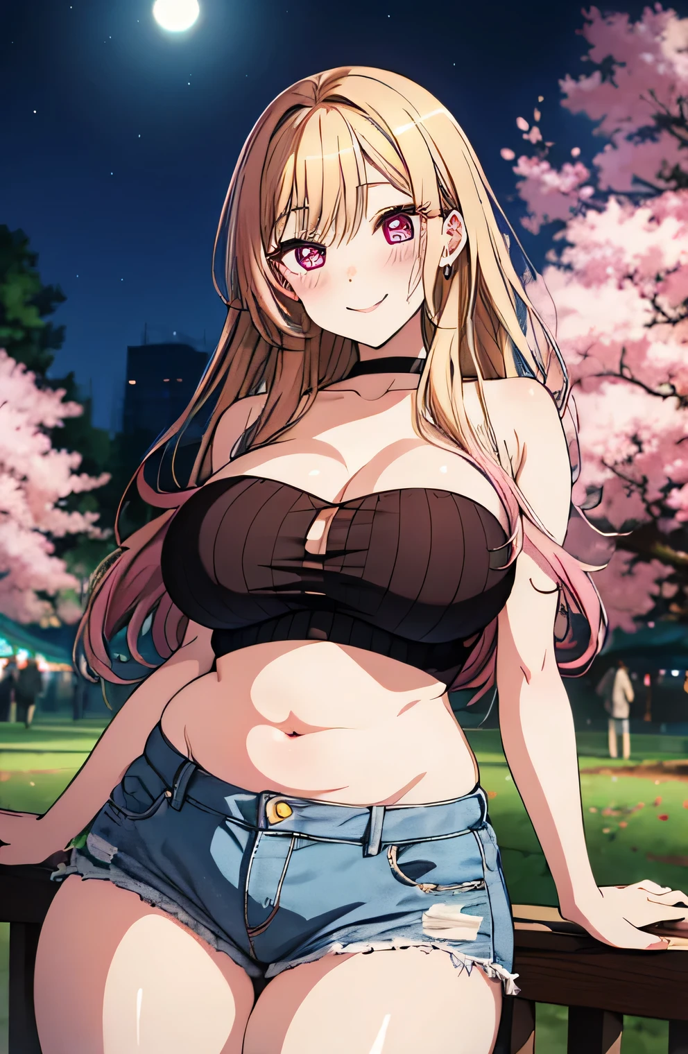 Anime illustration、highest quality、A short and plump gal、Night Park、Illuminated cherry blossoms、Cherry-blossom viewing、Tube top、hot pants、Perfect proportions、overwhelmingly big breasts、Beautiful, shining eyes、Cowboy Shot、Blushed、smile