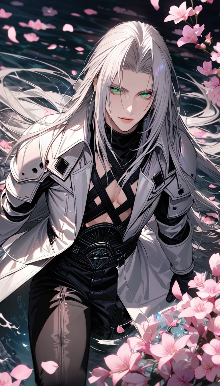 Ultra detailed, Highres, absurdres, Sephiroth, silver long hair, green eyes, Final Fantasy VII Remake, white long coat with patterns, pink flowers, petals, extremely handsome, sexy man, solo, very detailed eyes and face, black gloves, water, pink butterflies, black tight t-shirt,